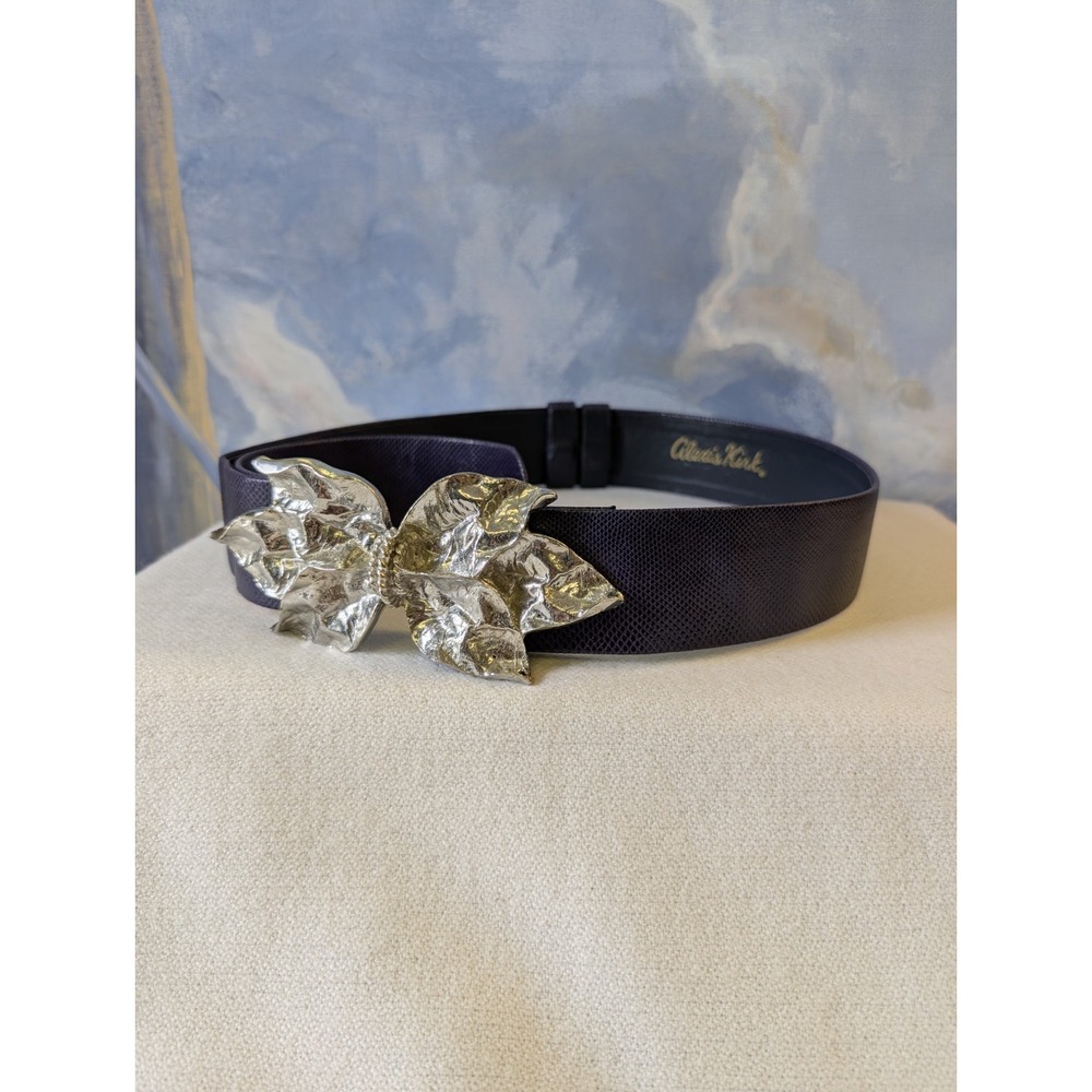 Alexis Kirk Sculptural Botanical Silver Belt Buckle With Purple Leather Belt